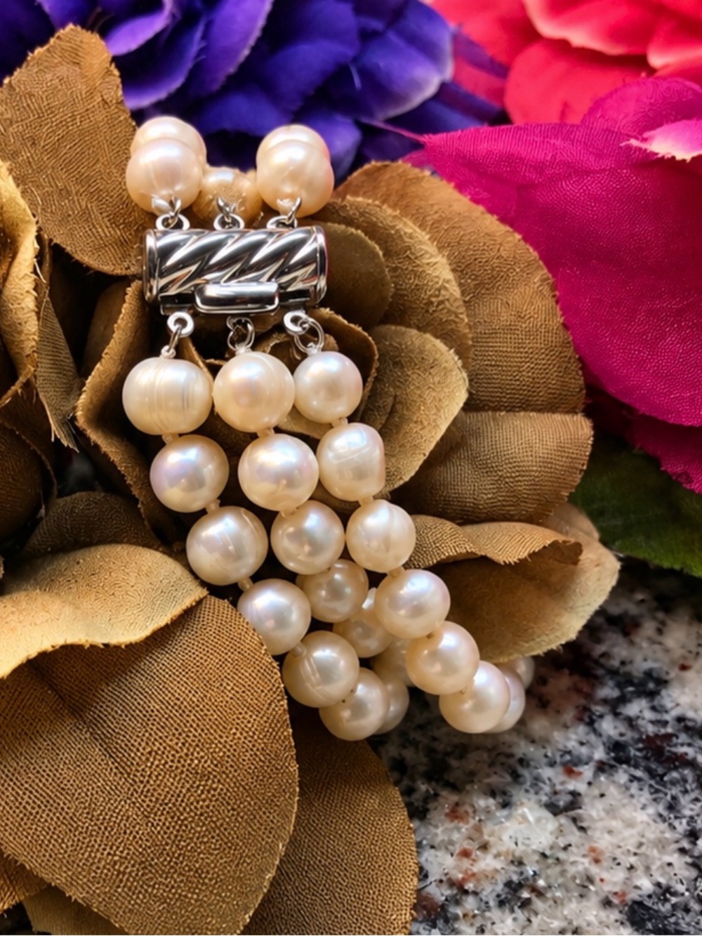 Multi-Strand natural salt waterPearl Bracelet in Cream 14k white gold clasp